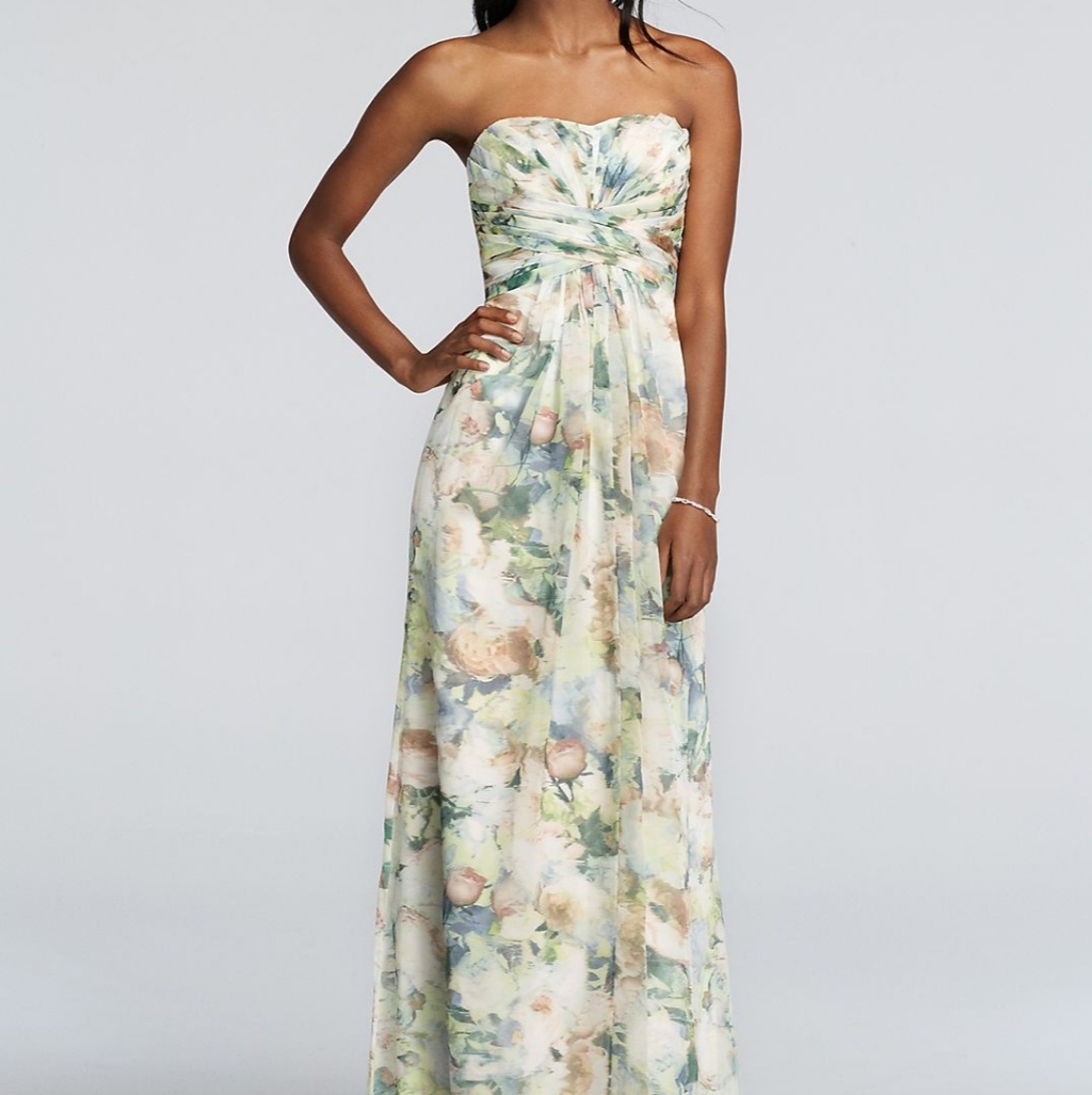Long Chiffon Printed Dress Pleated Detail